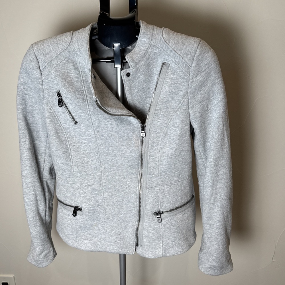 Gap Moto Jacket Coat Heather Gray Full Zip Pockets‎ Collarless Casual Womens S